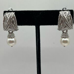 Judith Ripka Sterling Silver and Faux Pearl  Clip Earrings